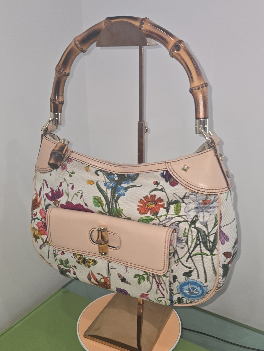 Gucci Flora Canvas Shoulder Bag with Pink Trim and Bamboo Handle
